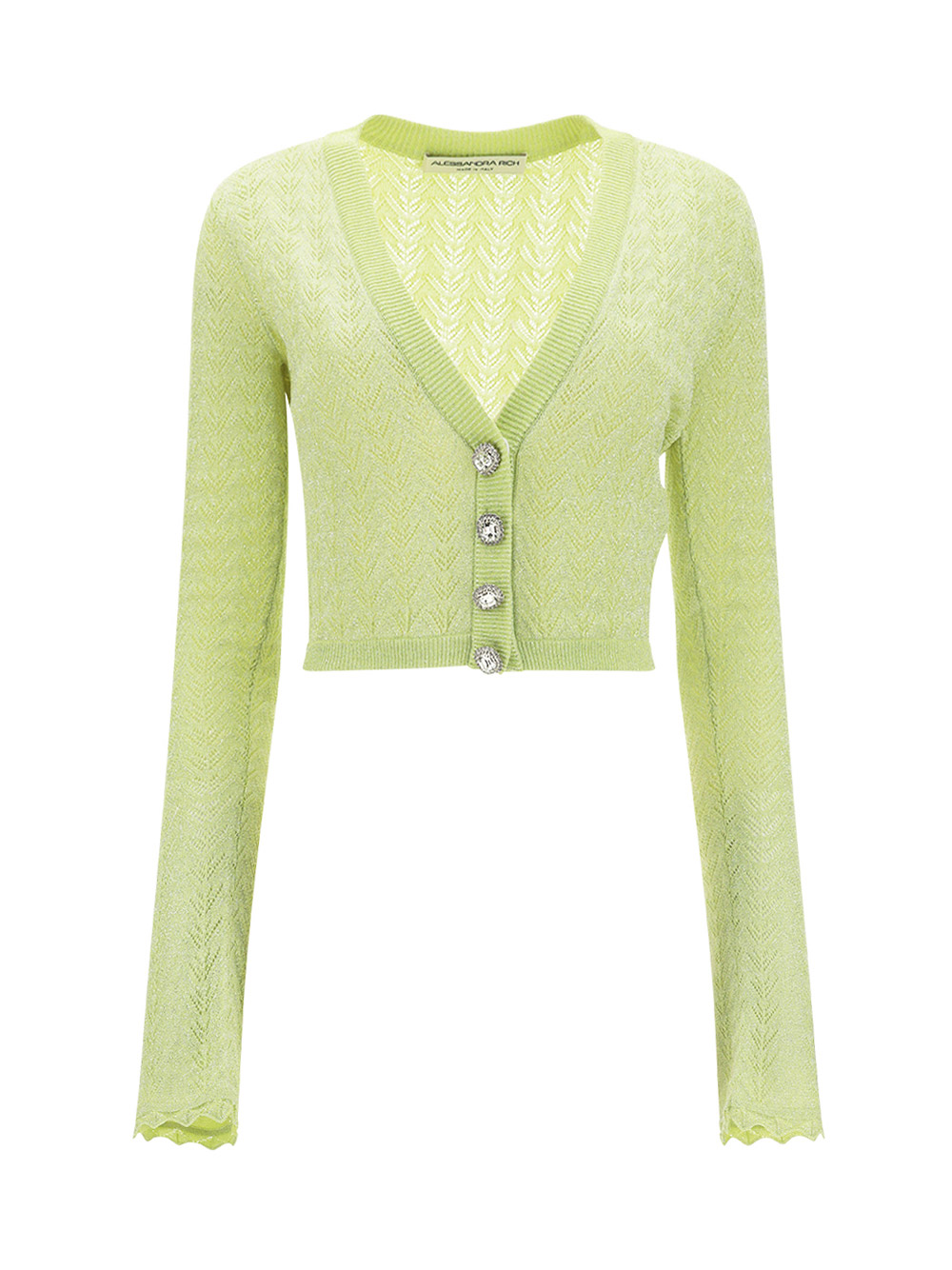 Alessandra Rich Lace Knit Cropped Cardigan W/ Lurex In Green