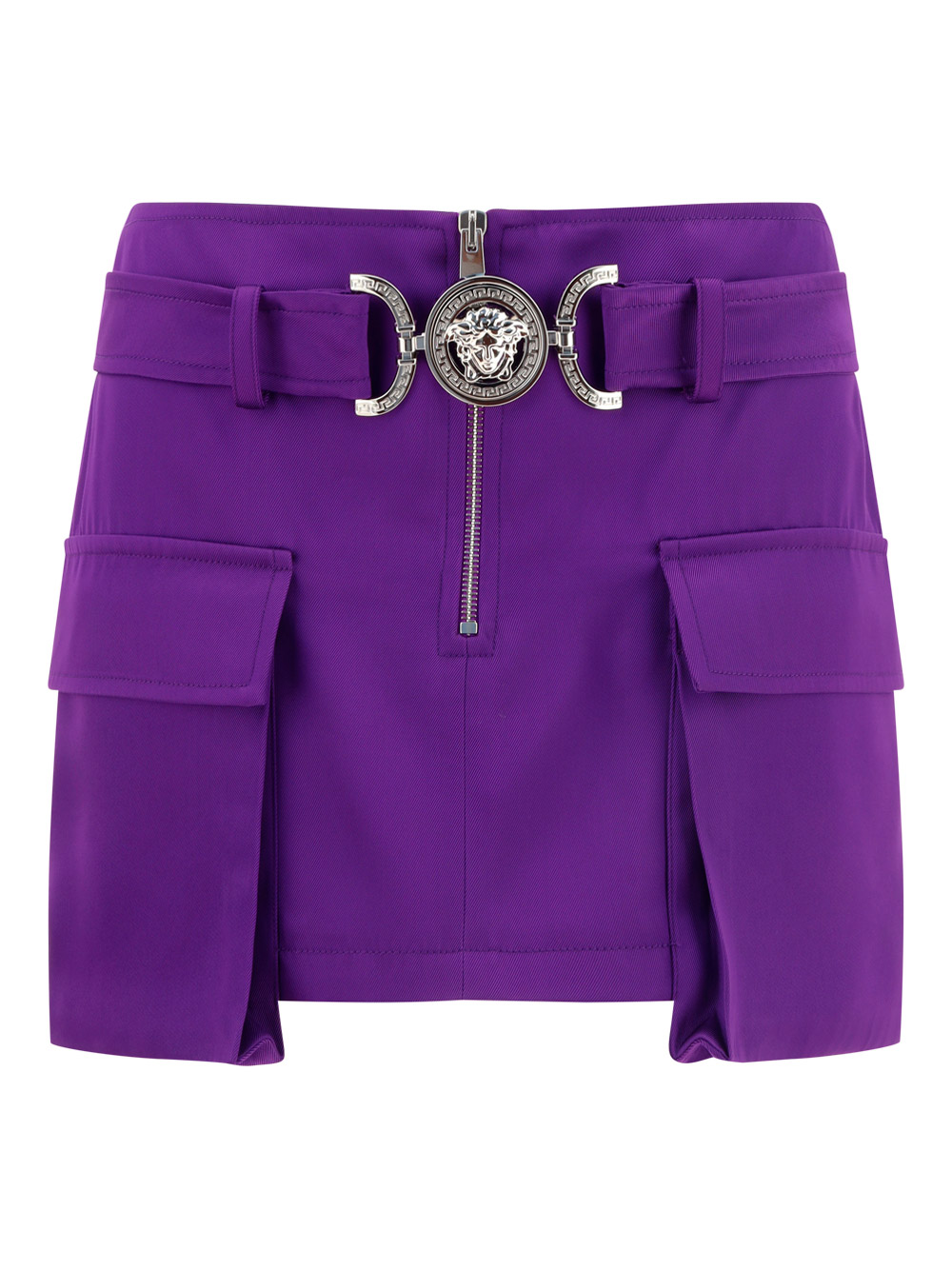 Versace Medusa Belted Duchesse Satin Mini Cargo Skirt In Pink & Purple