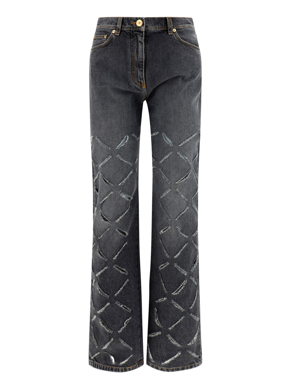 Versace Cutout Cotton Denim Straight Jeans In Black