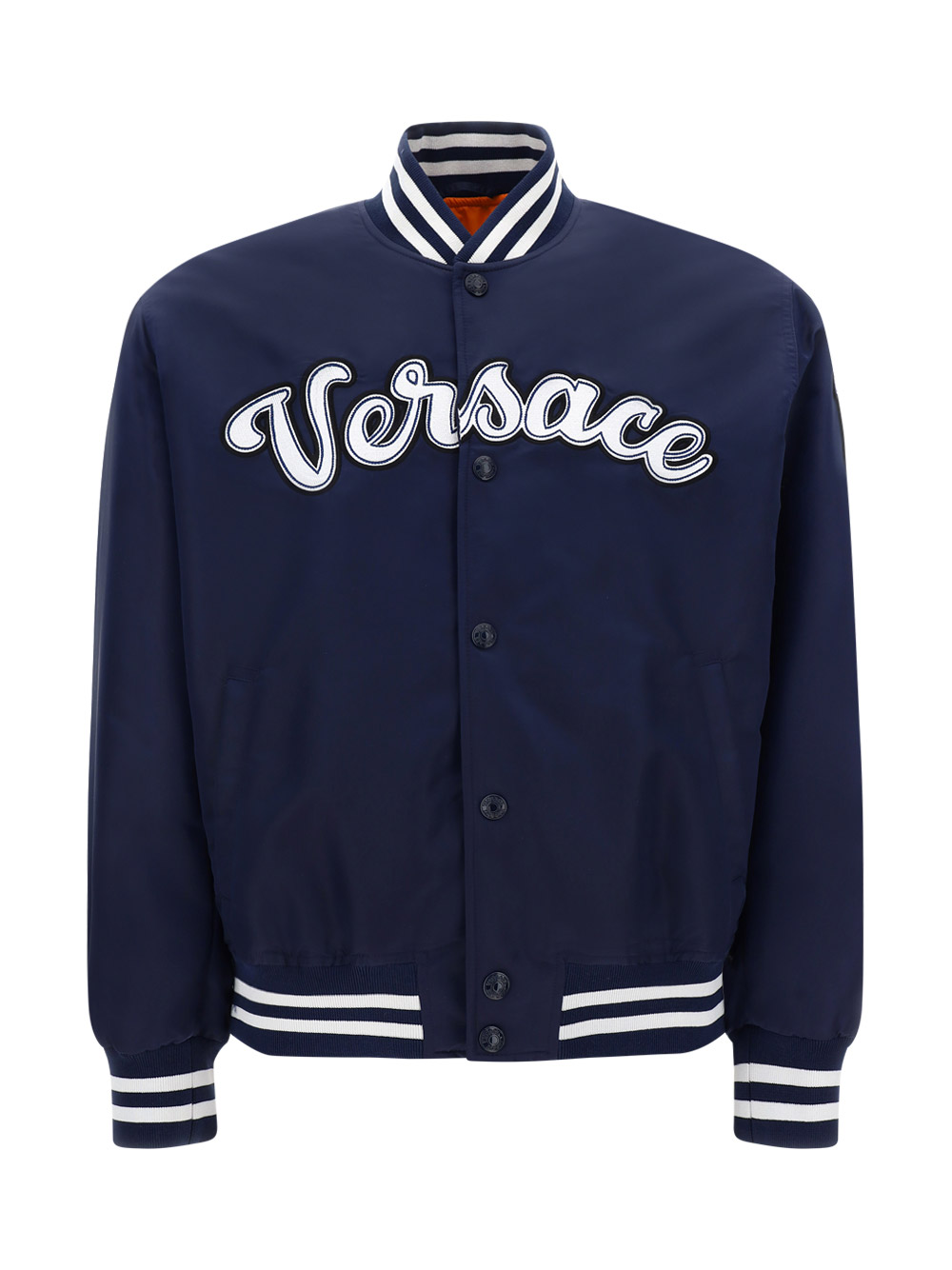 Versace Logo Embroidered Buttoned Jacket In Blu Navy Yagi