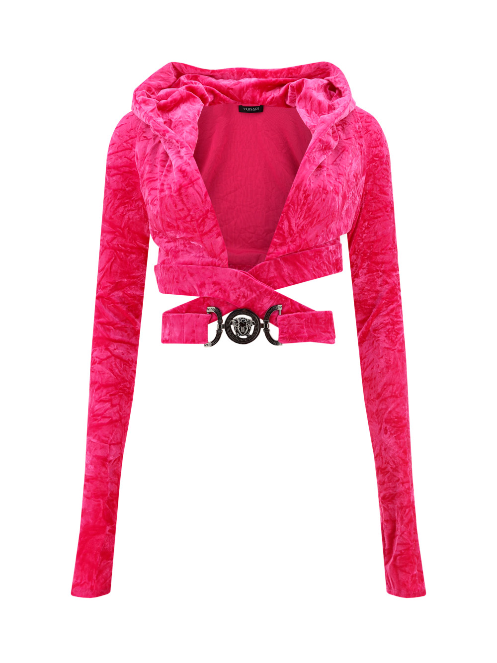 Versace 'medusa Biggie' Fuchsia Crop Hoodie Top With Criss-cross Belt In Crushed Velvet Woman In Glossy Pink