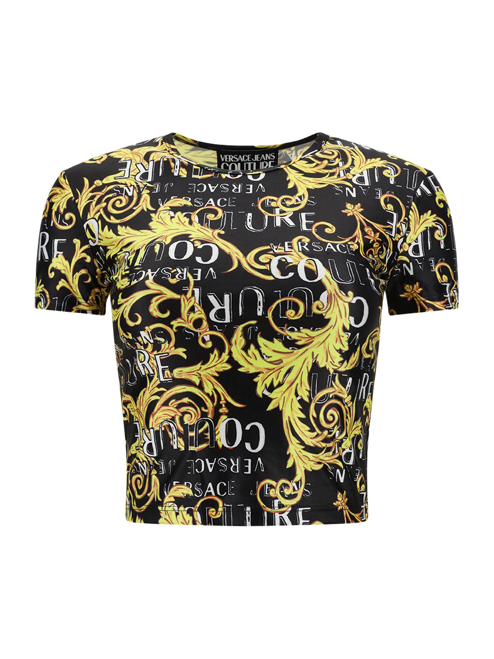 Versace Jeans Couture Barocco-print Cropped T-shirt In Black/gold