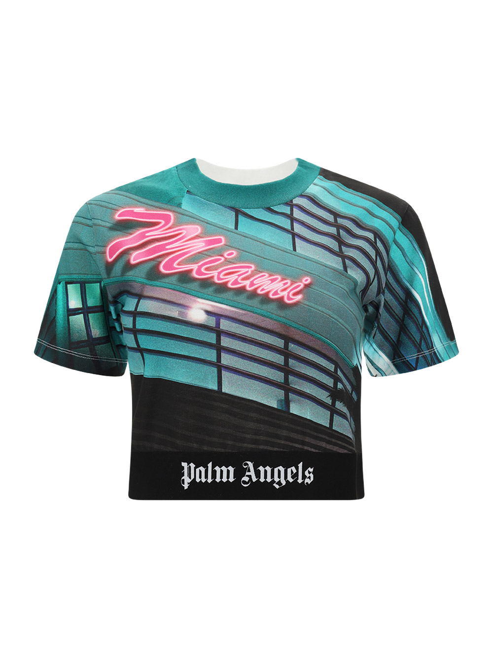 Palm Angels Getty Miami Cropped Printed Cotton-jersey T-shirt In Multi
