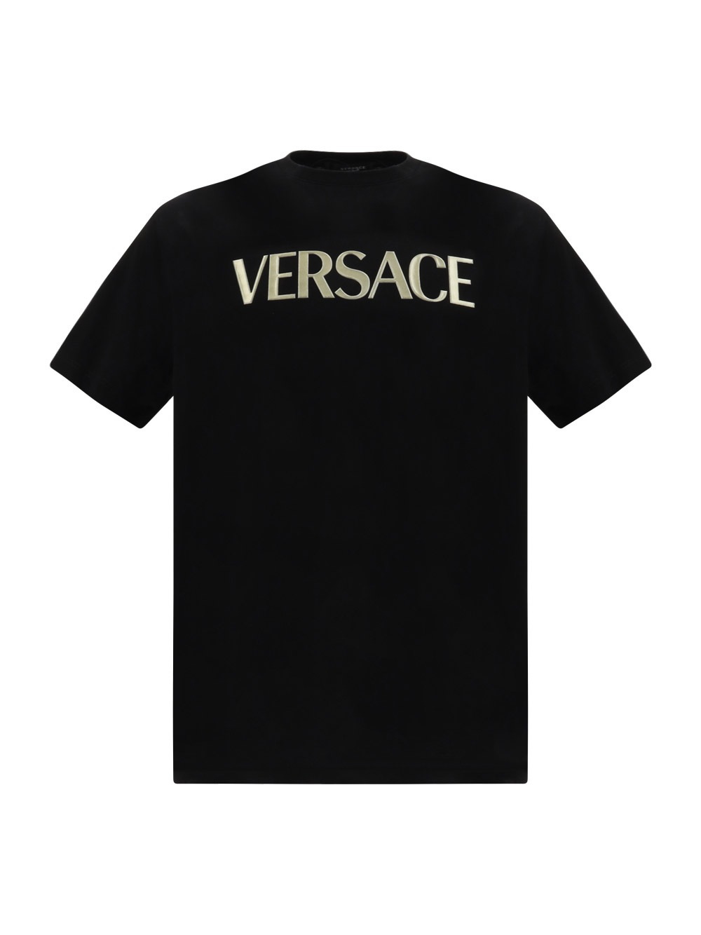 Versace Black Crewneck T-shirt With Contrasting Logo Lettering Print In Cotton