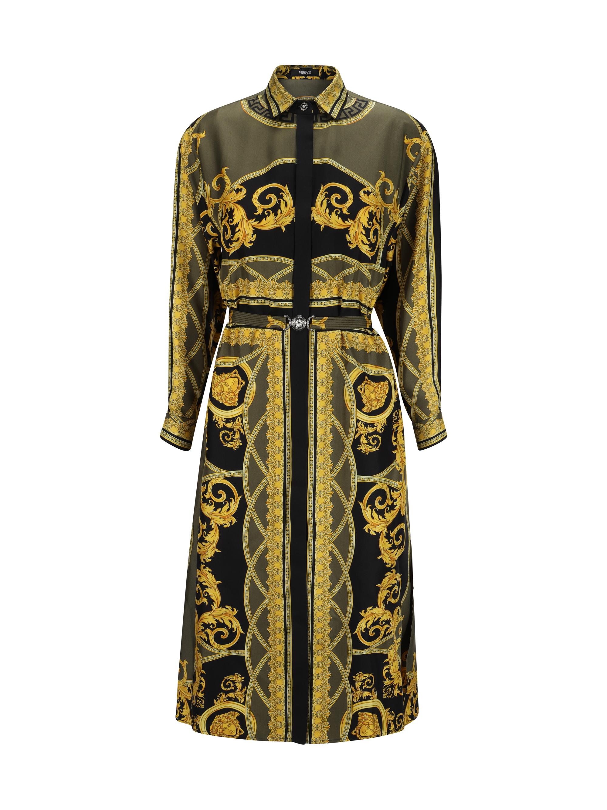 Shop Versace Chemisier Dress In Black+dark Olive+gold