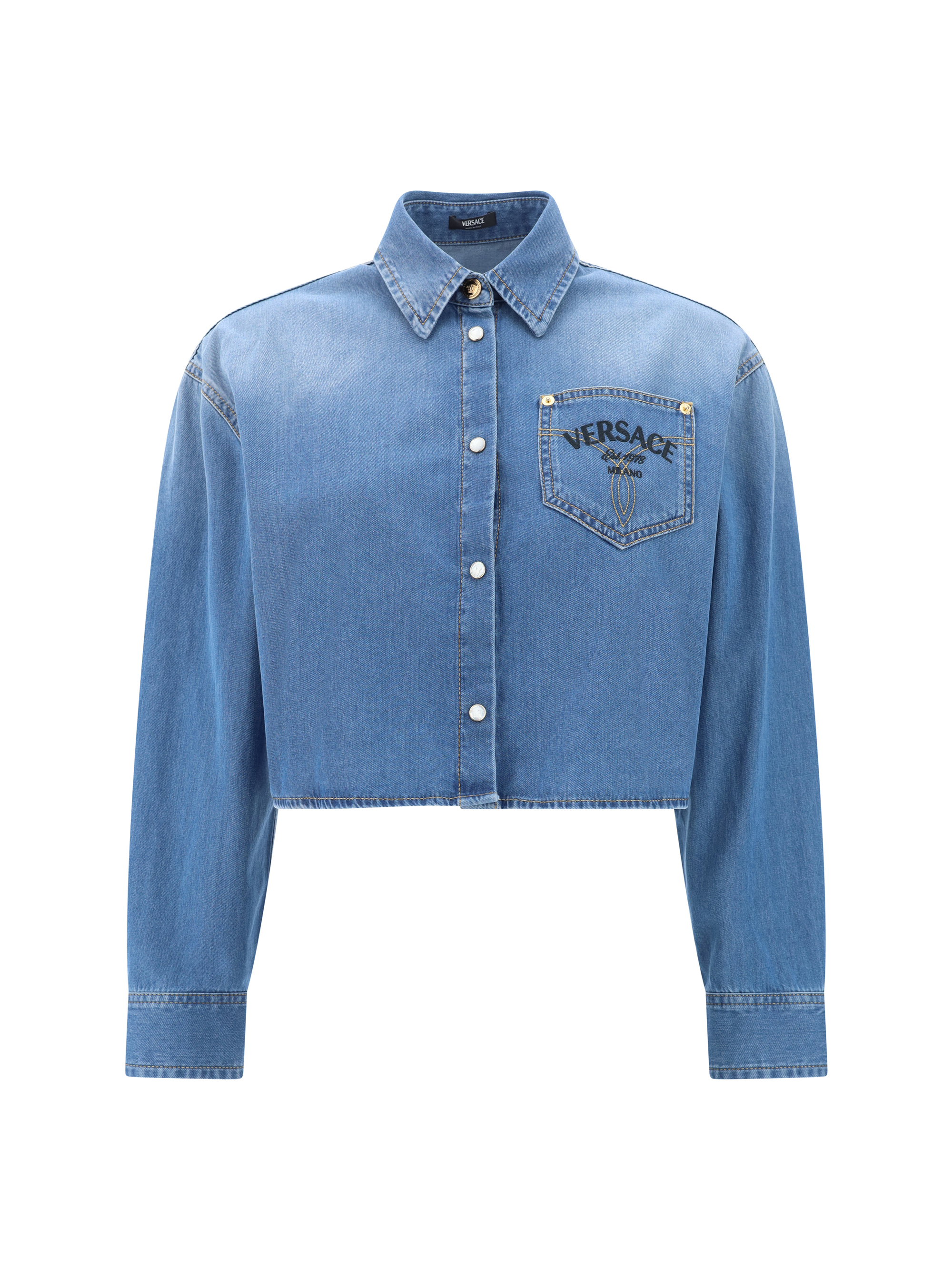 Versace Cropped Blue Denim Shirt In Medium Blue