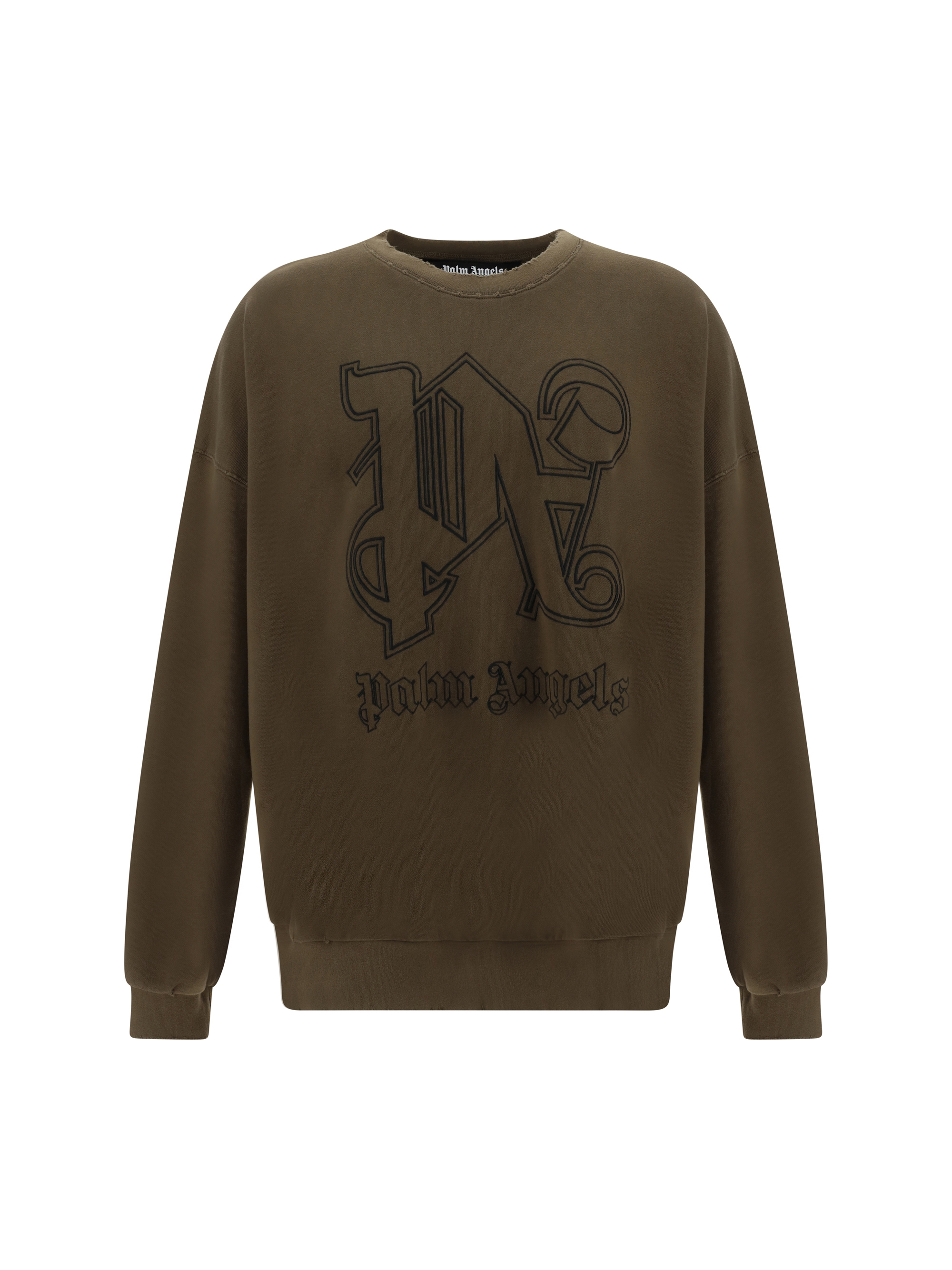 Palm Angels Organic Cotton Sweatshirt With Embroidered Monogram In Brown Bla