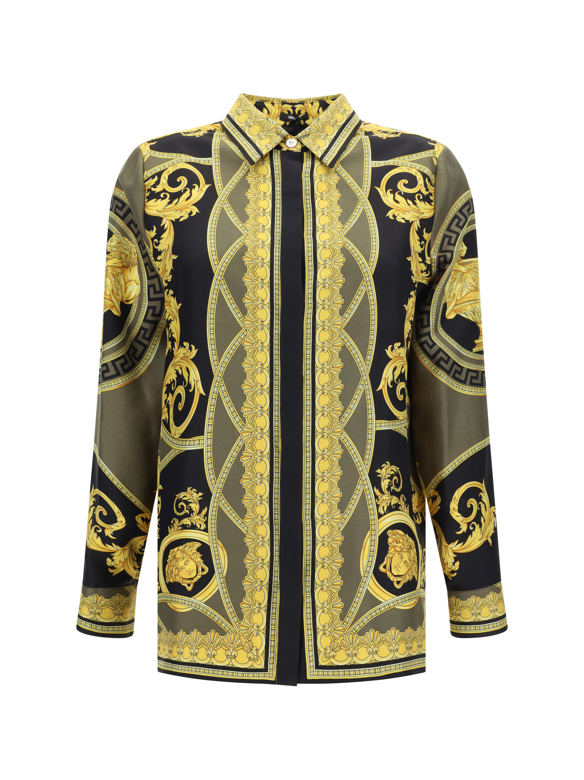 Shop Versace Formal Shirt In Black+dark Olive+gold