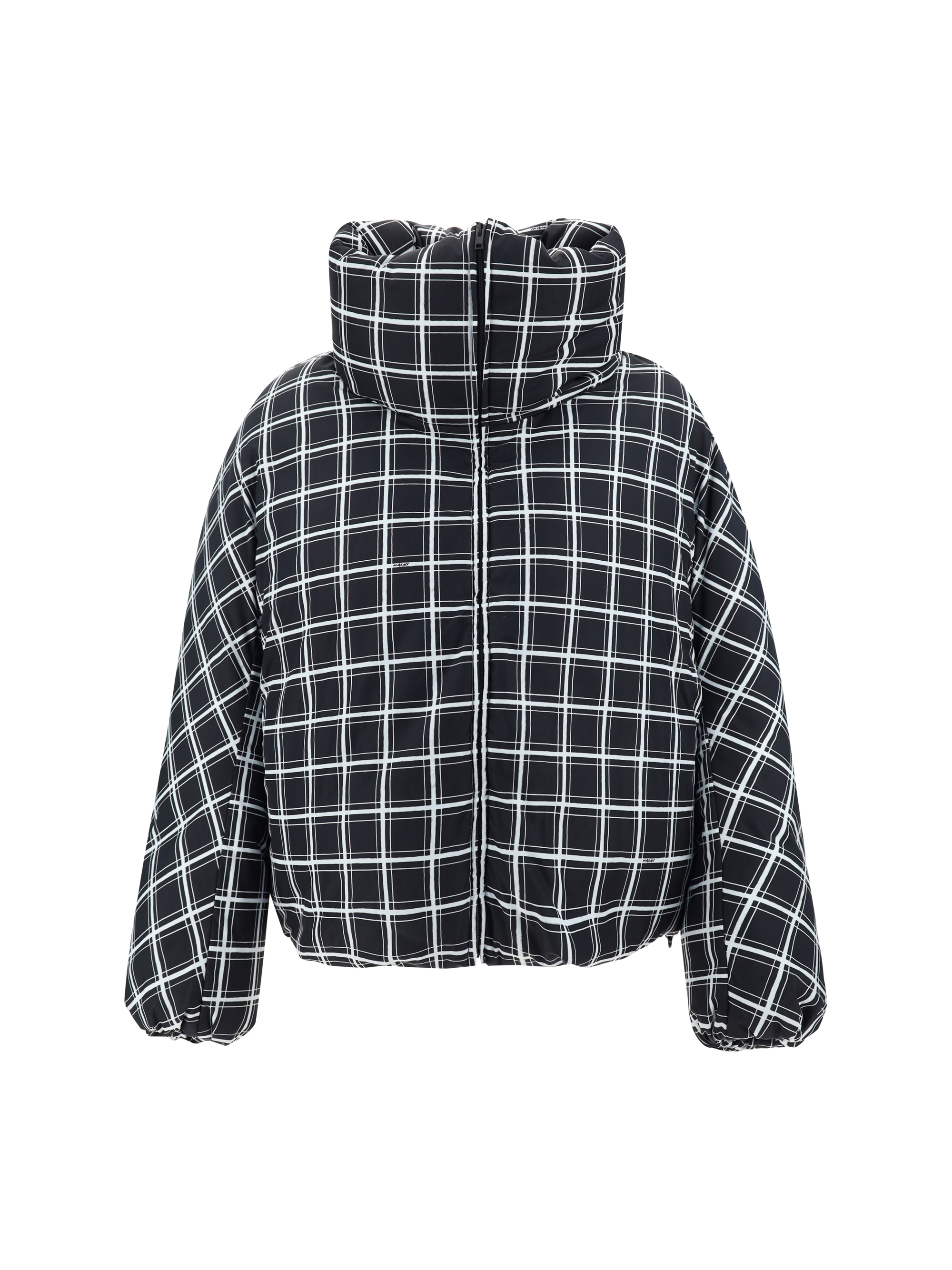 Marni Cropped Puffer Jacket With High Collar And Grid Check Pattern In Multi