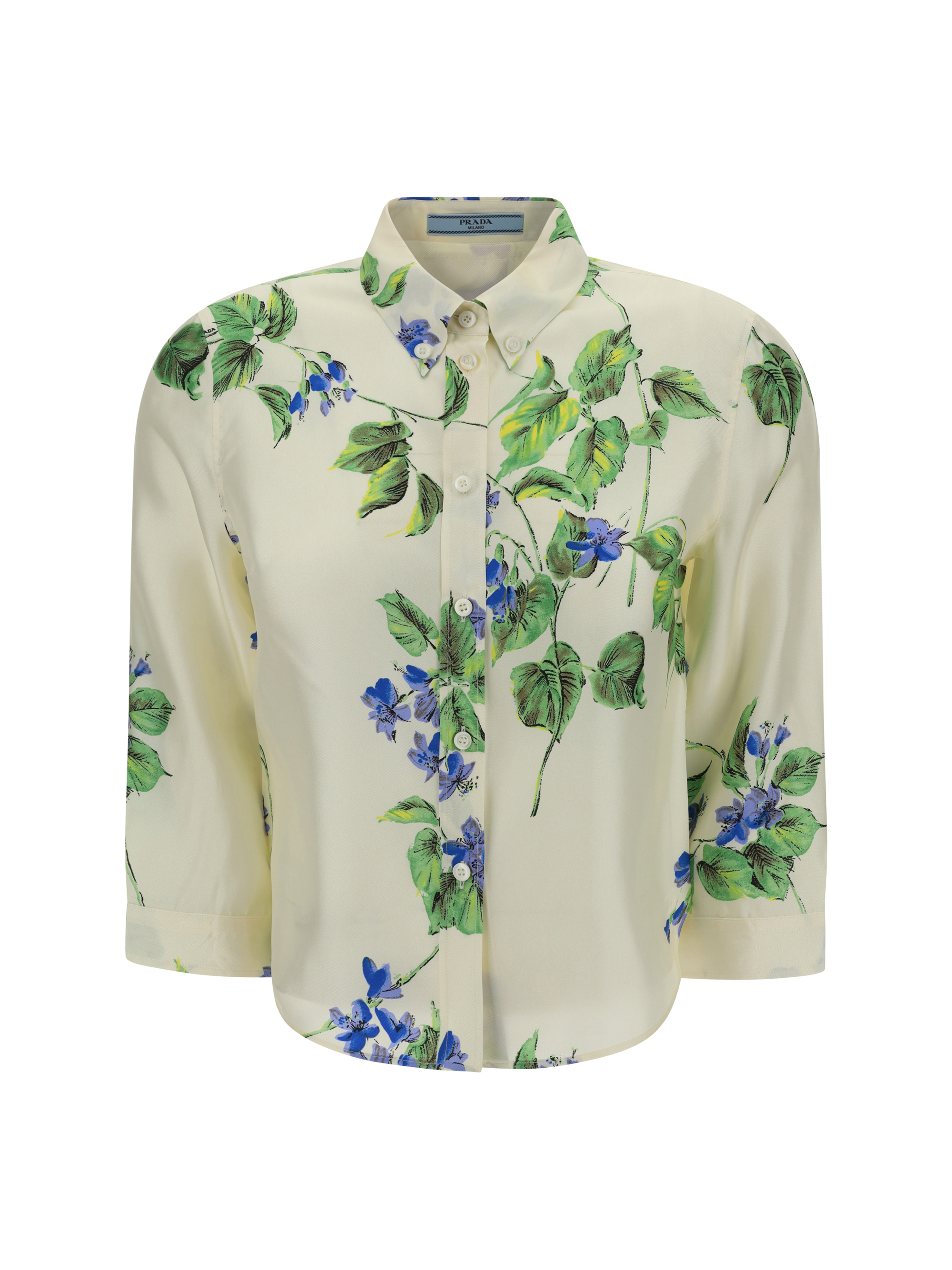 Prada Floral Print Silk Shirt In Talco