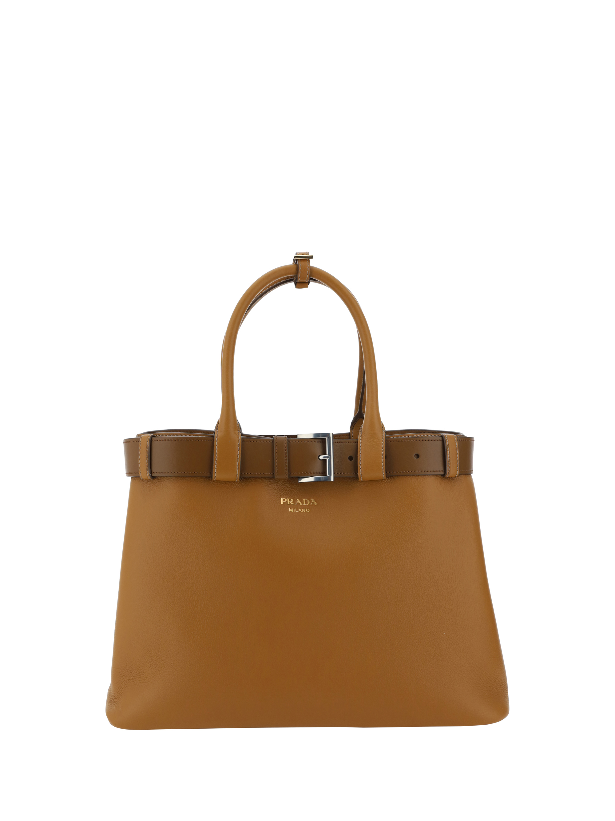 Shop Prada Belted Handbag In Caramel 0