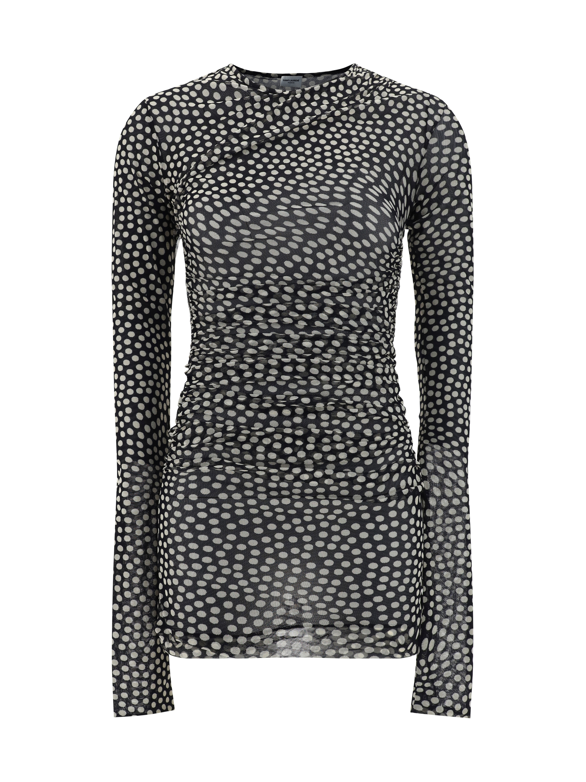Saint Laurent Polka-dot Ruched Tulle Minidress In Noir Craie