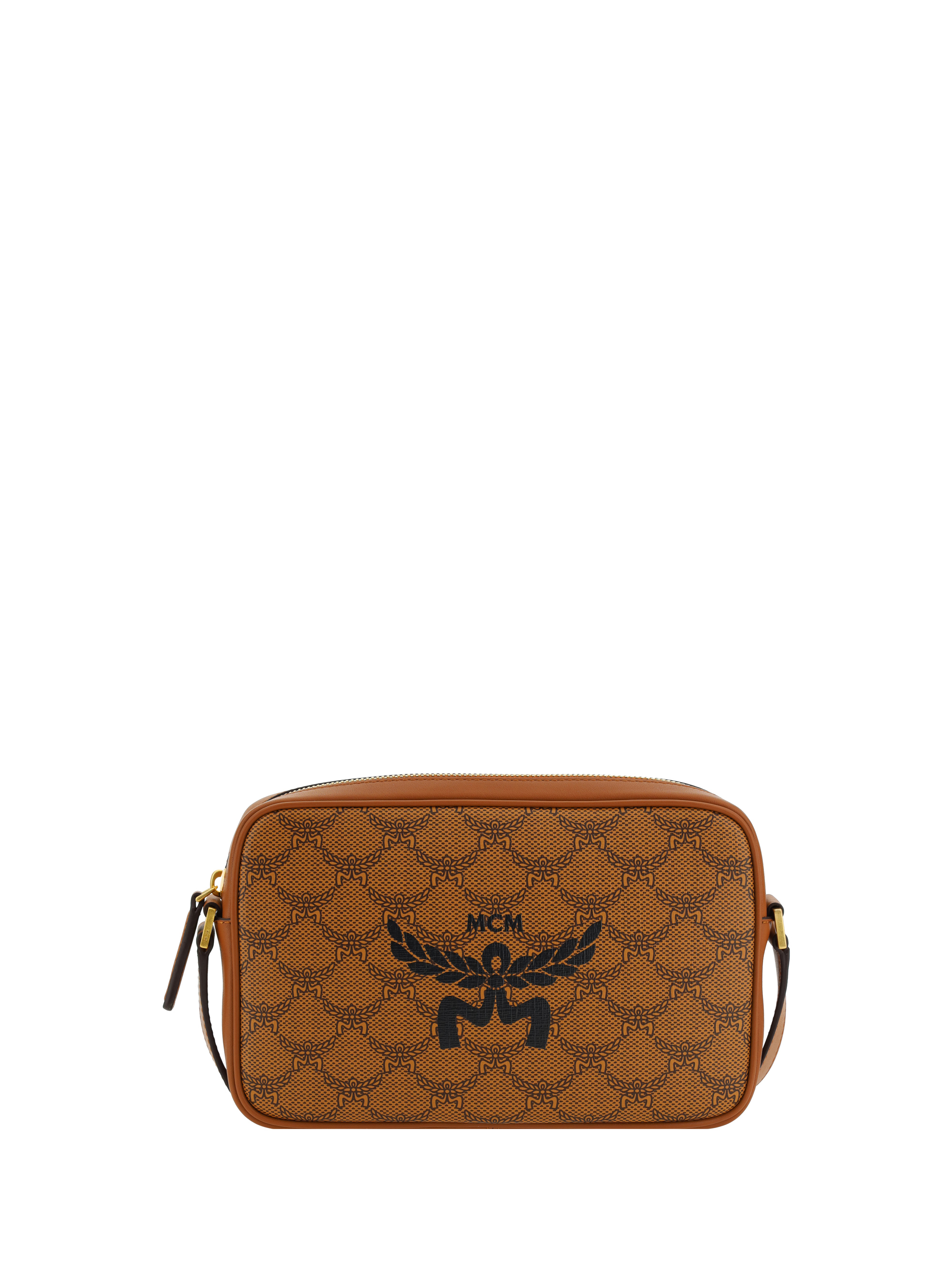 Mcm Himmel Logo Printed Small Shoulder Bag In Cognac
