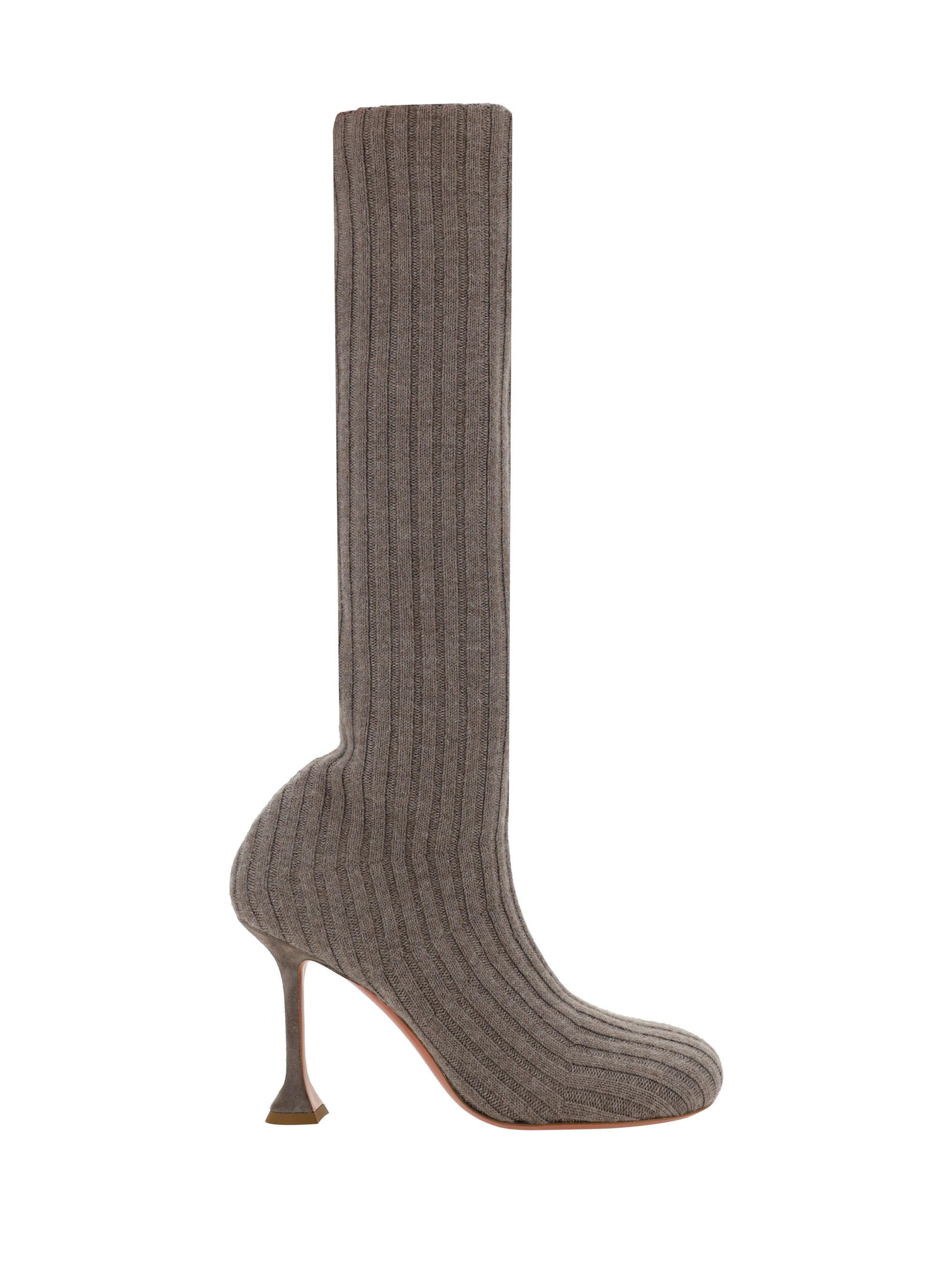 Shop Amina Muaddi Veneda Boots In Fuzzy Ribbed Knit Taupe