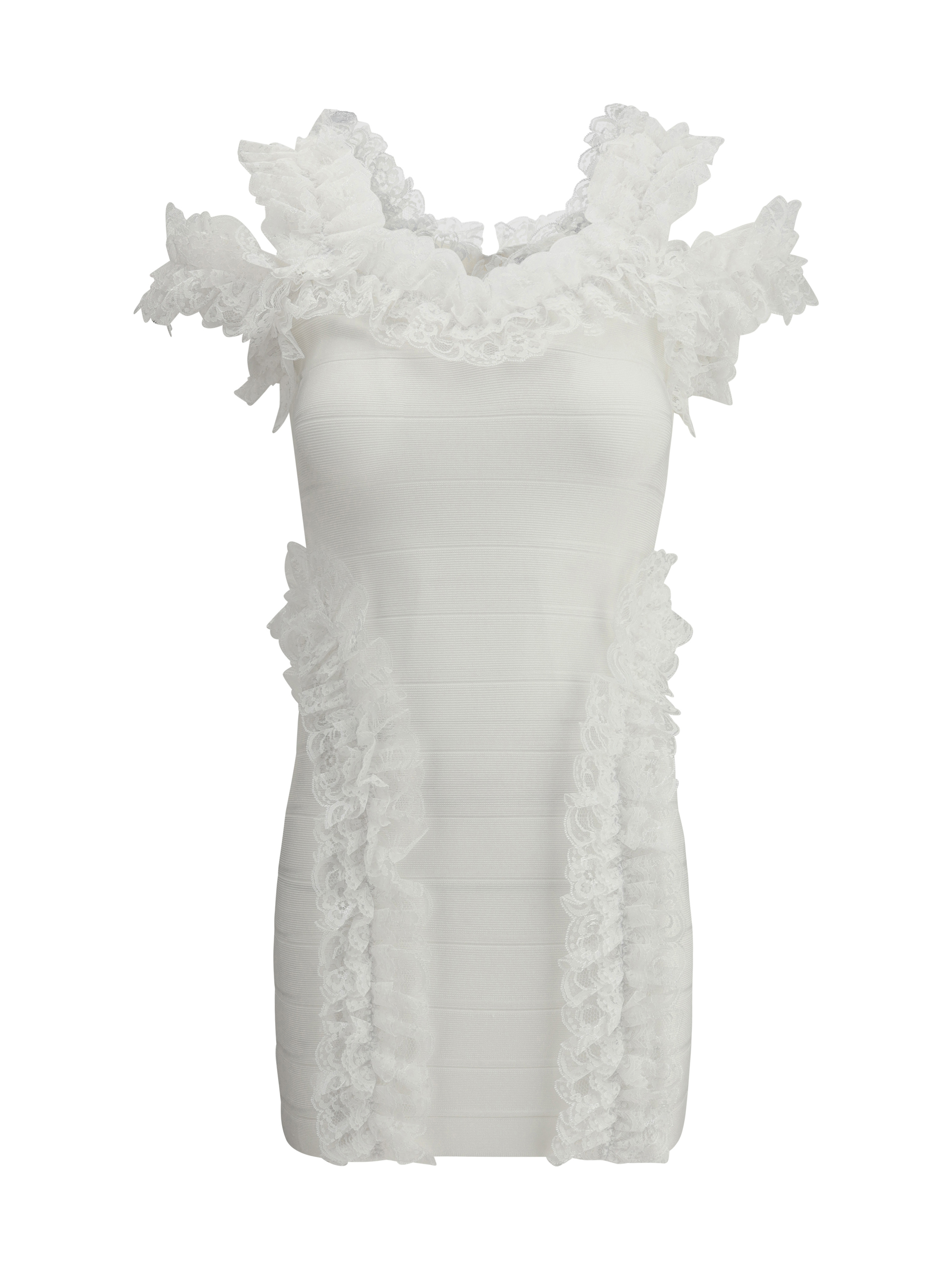 Shop Self-portrait Knit Ruffle Mini Dress In White