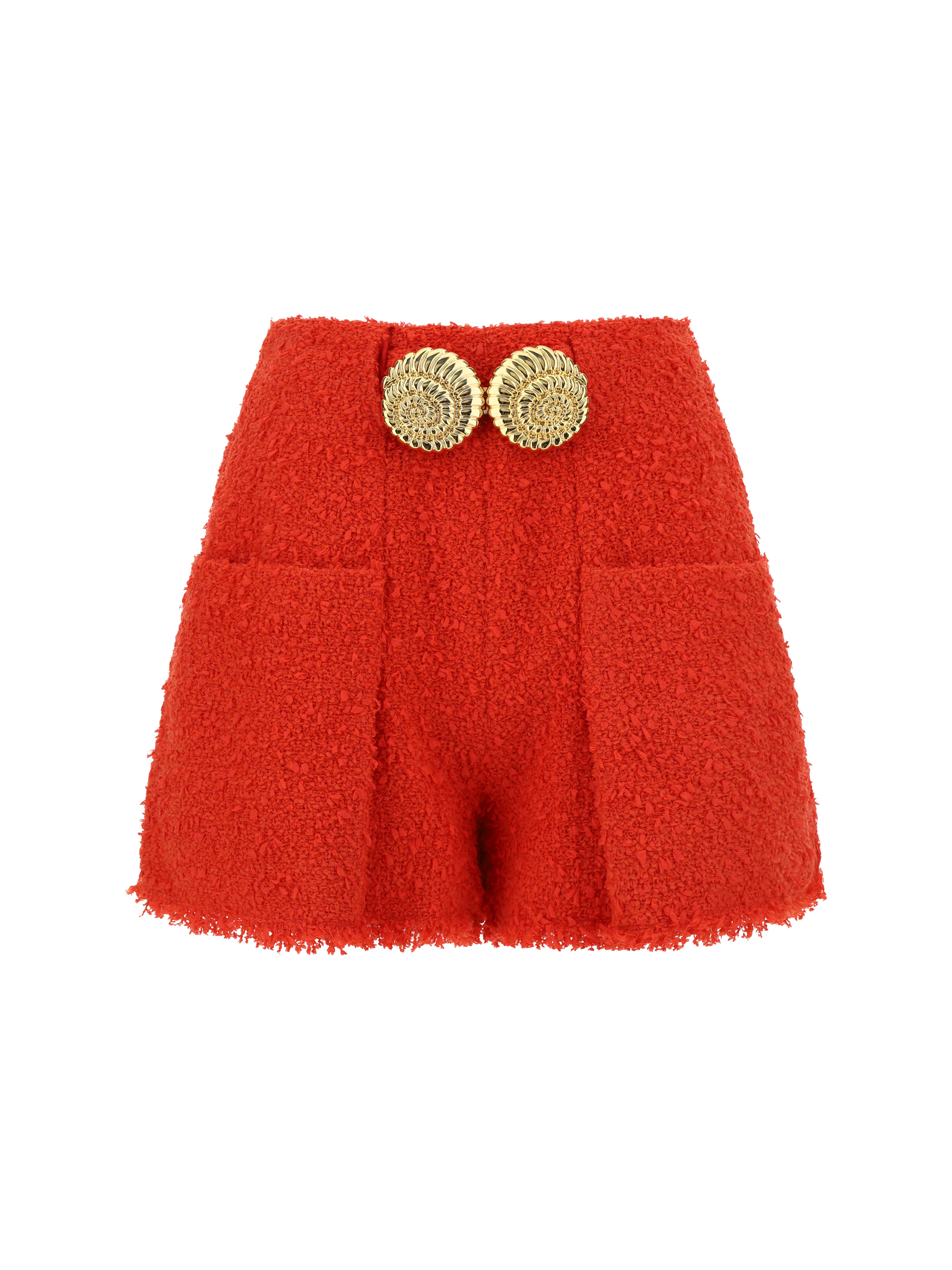 Shop Balmain 2 Pkts Btn Escargot Belted Tweed Shorts In Rouge