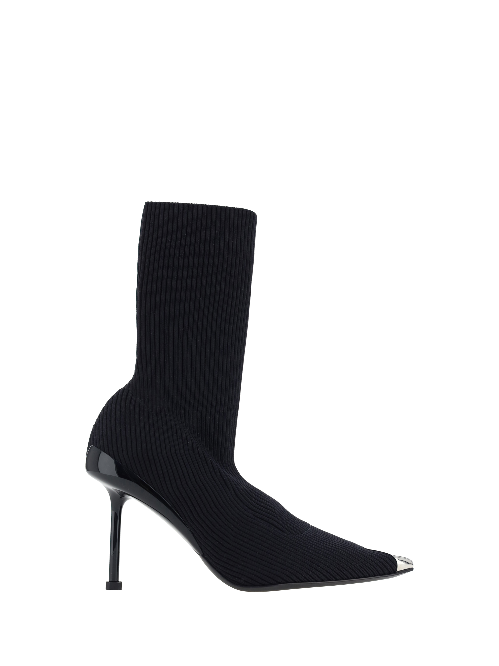 Alexander Mcqueen 90mm Heel Point Toe Slashed Knit Boots In Black/black/silver