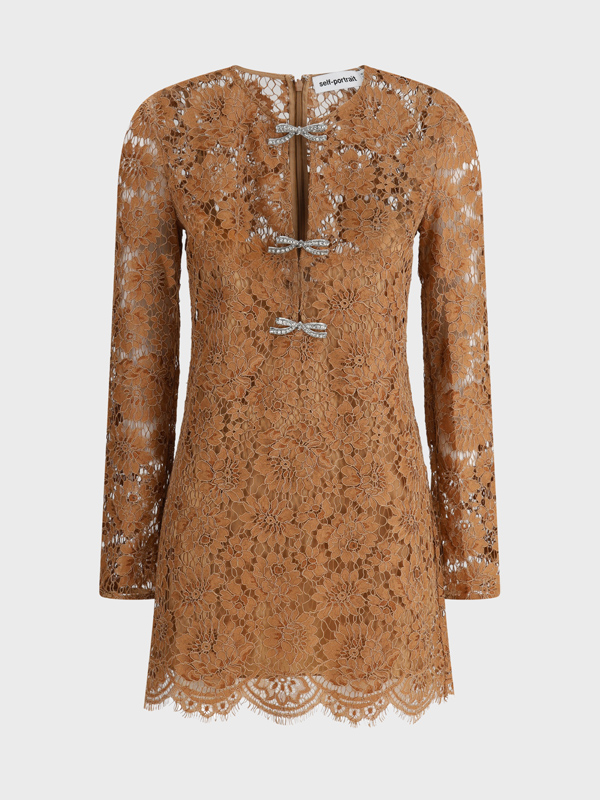 Tan Lace Bow Mini Dress